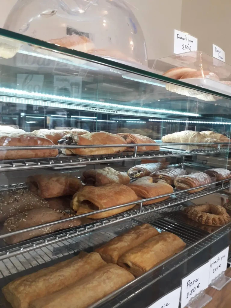 Croissant greek pastries in royal bakery coffee troulos skiathos