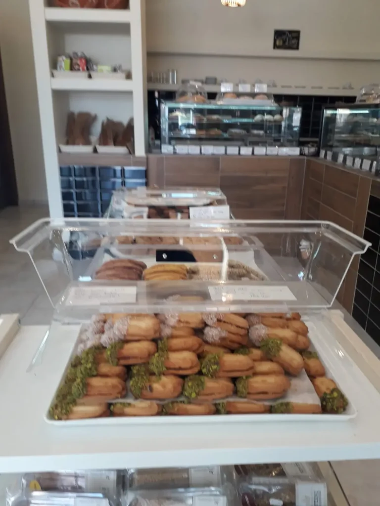 Local greek pastries in royal bakery coffee troulos skiathos