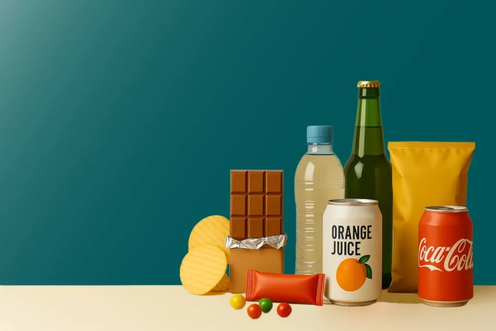 Snacks sweets softdrinks in supermarket troulos skiathos